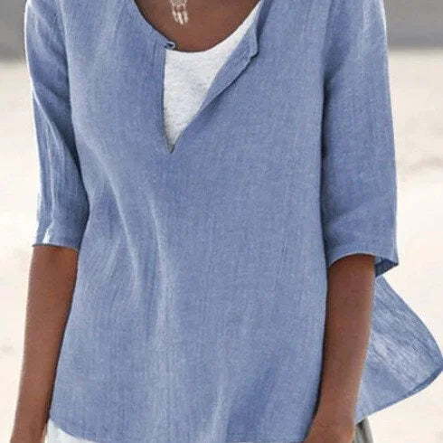 Damen Leinenbluse - Relaxed Fit & Geschlitzter V-Ausschnitt