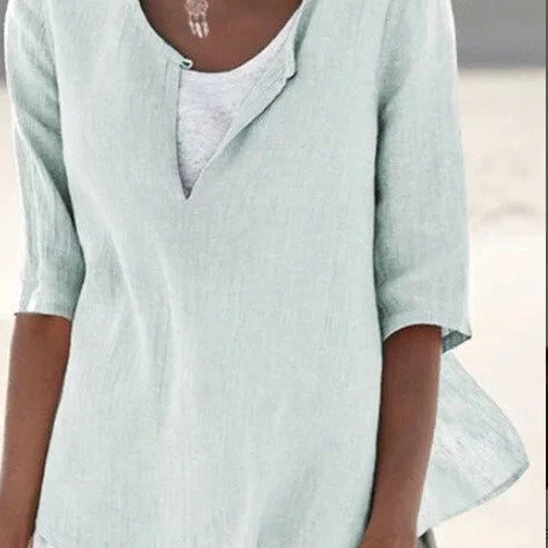 Damen Leinenbluse - Relaxed Fit & Geschlitzter V-Ausschnitt