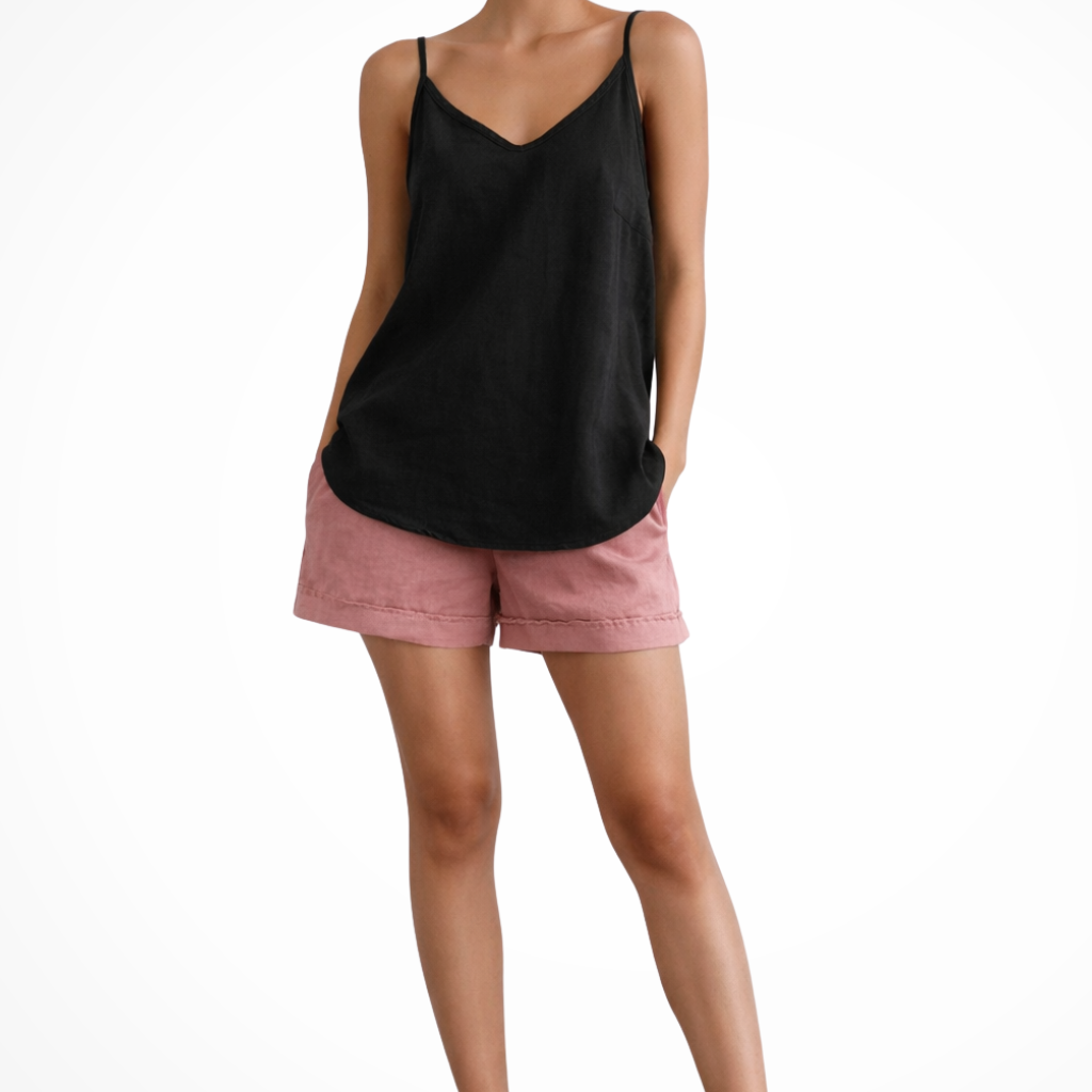 Damen Leinen V-Ausschnitt Top - Relaxed Fit mit Spaghetti-Trägern