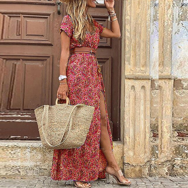 Damen Gemustertes Maxikleid V-Ausschnitt Taillengürtel Boho