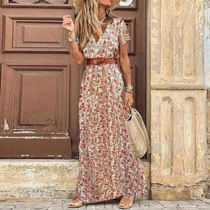 Damen Gemustertes Maxikleid V-Ausschnitt Taillengürtel Boho