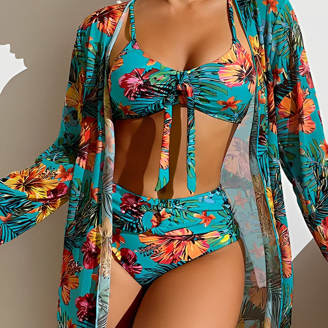 Women's 3-Piece Bikini Set Floral Kimono Beach Summer