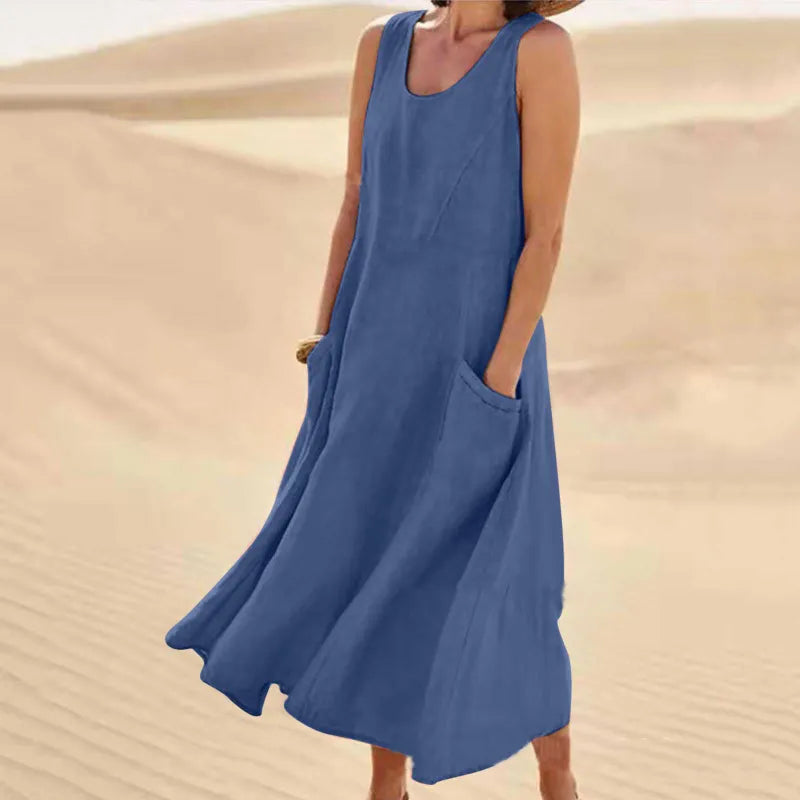 Damen Leinen Midi-Kleid - Ärmellos mit Taschen