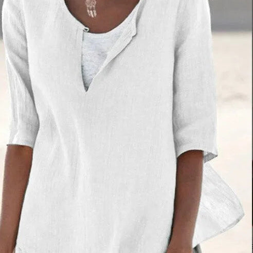 Damen Leinenbluse - Relaxed Fit & Geschlitzter V-Ausschnitt