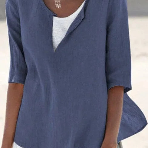 Damen Leinenbluse - Relaxed Fit & Geschlitzter V-Ausschnitt