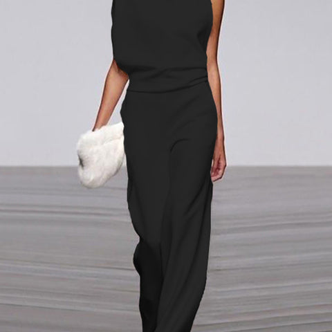 Damen Ärmelloser Jumpsuit Stehkragen Weites Bein