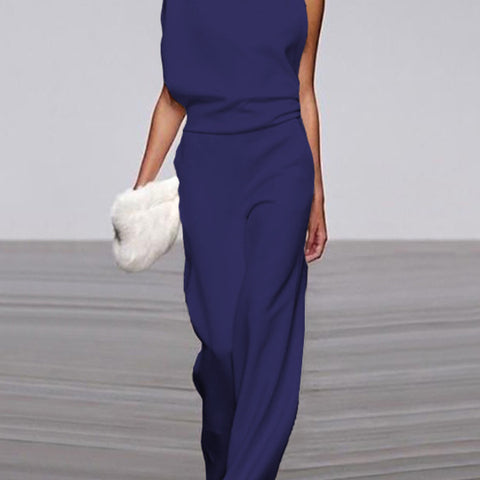 Damen Ärmelloser Jumpsuit Stehkragen Weites Bein