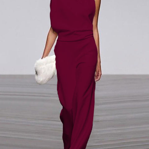 Damen Ärmelloser Jumpsuit Stehkragen Weites Bein