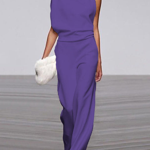 Damen Ärmelloser Jumpsuit Stehkragen Weites Bein