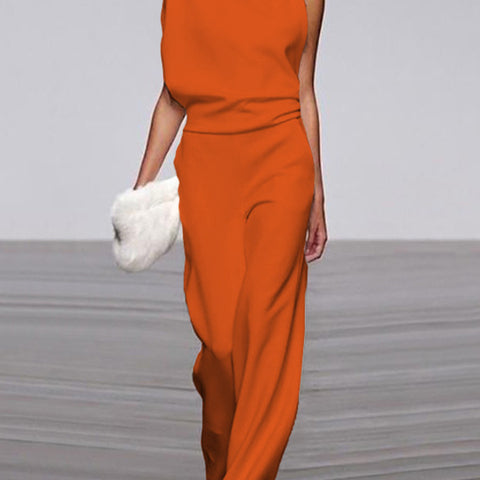 Damen Ärmelloser Jumpsuit Stehkragen Weites Bein