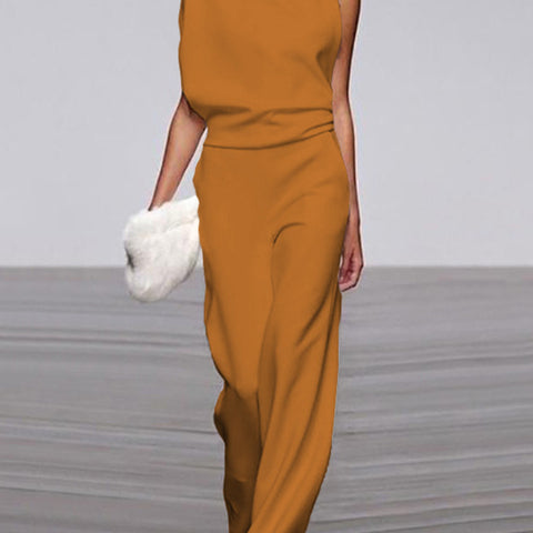 Damen Ärmelloser Jumpsuit Stehkragen Weites Bein