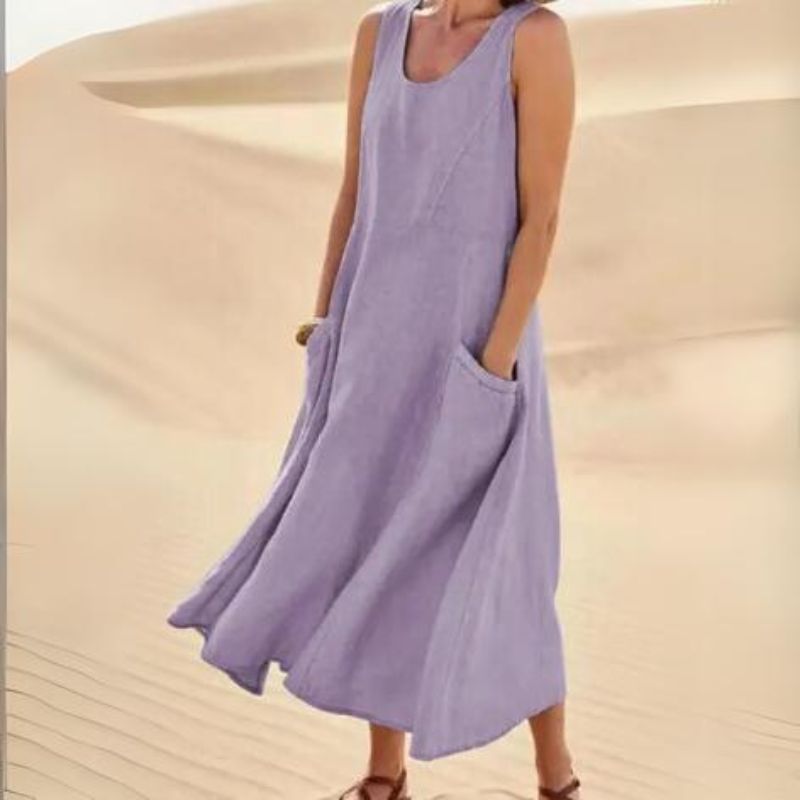 Damen Leinen Midi-Kleid - Ärmellos mit Taschen