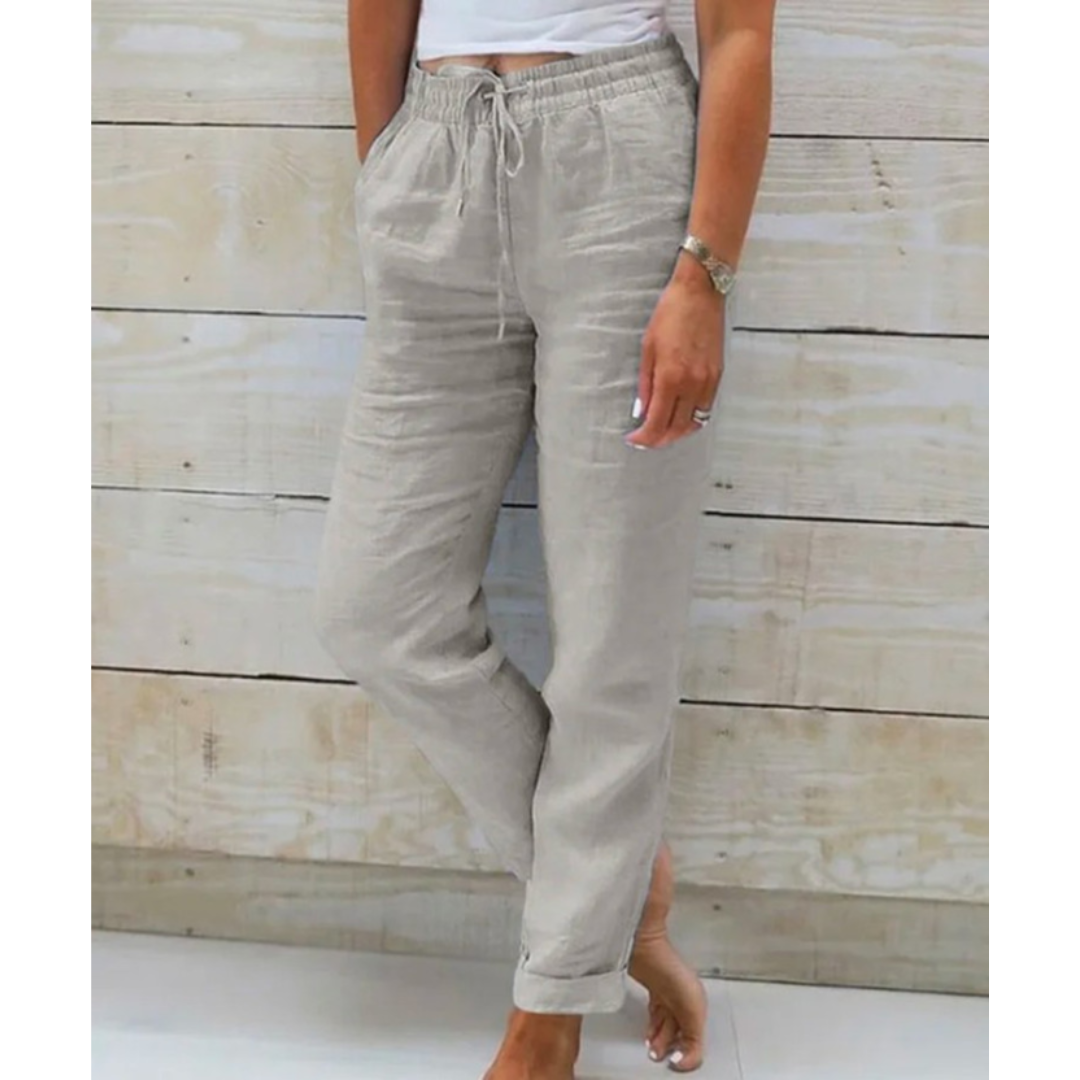 Damen-Leinenhose - Elastischer Bund mit Taschen