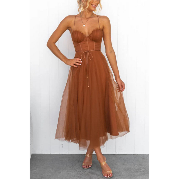 Damen Midi Hochzeitsgastkleid Korsett-Stil Spaghetti-Trägern und Tüllrock