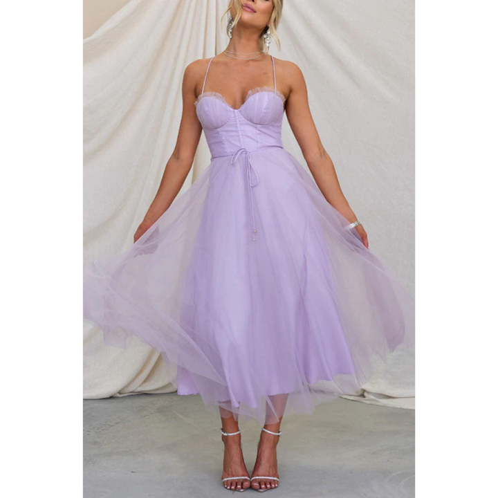Damen Midi Hochzeitsgastkleid Korsett-Stil Spaghetti-Trägern und Tüllrock