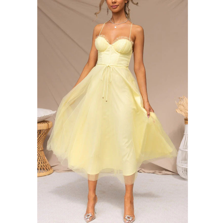 Damen Midi Hochzeitsgastkleid Korsett-Stil Spaghetti-Trägern und Tüllrock