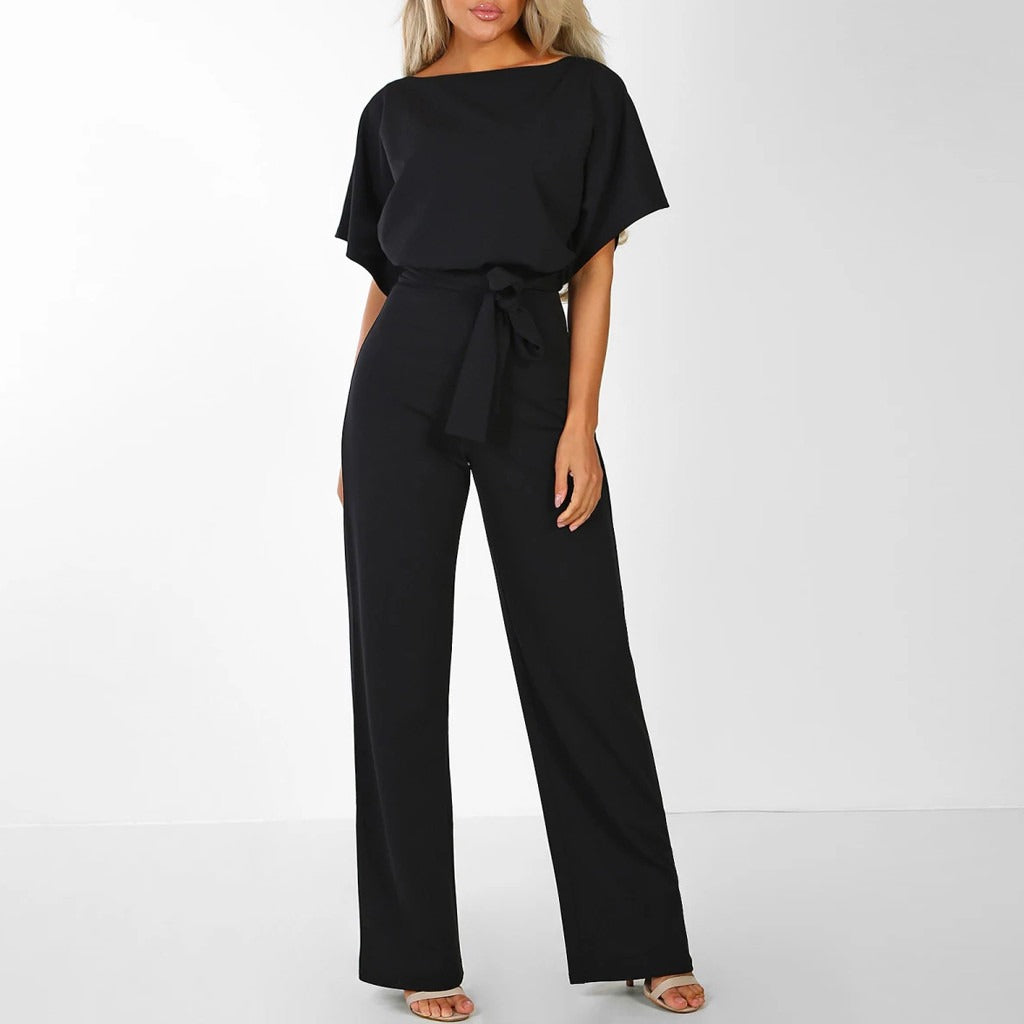Damen Jumpsuit mit Bindegürtel - Weites Bein mit Flügelärmeln