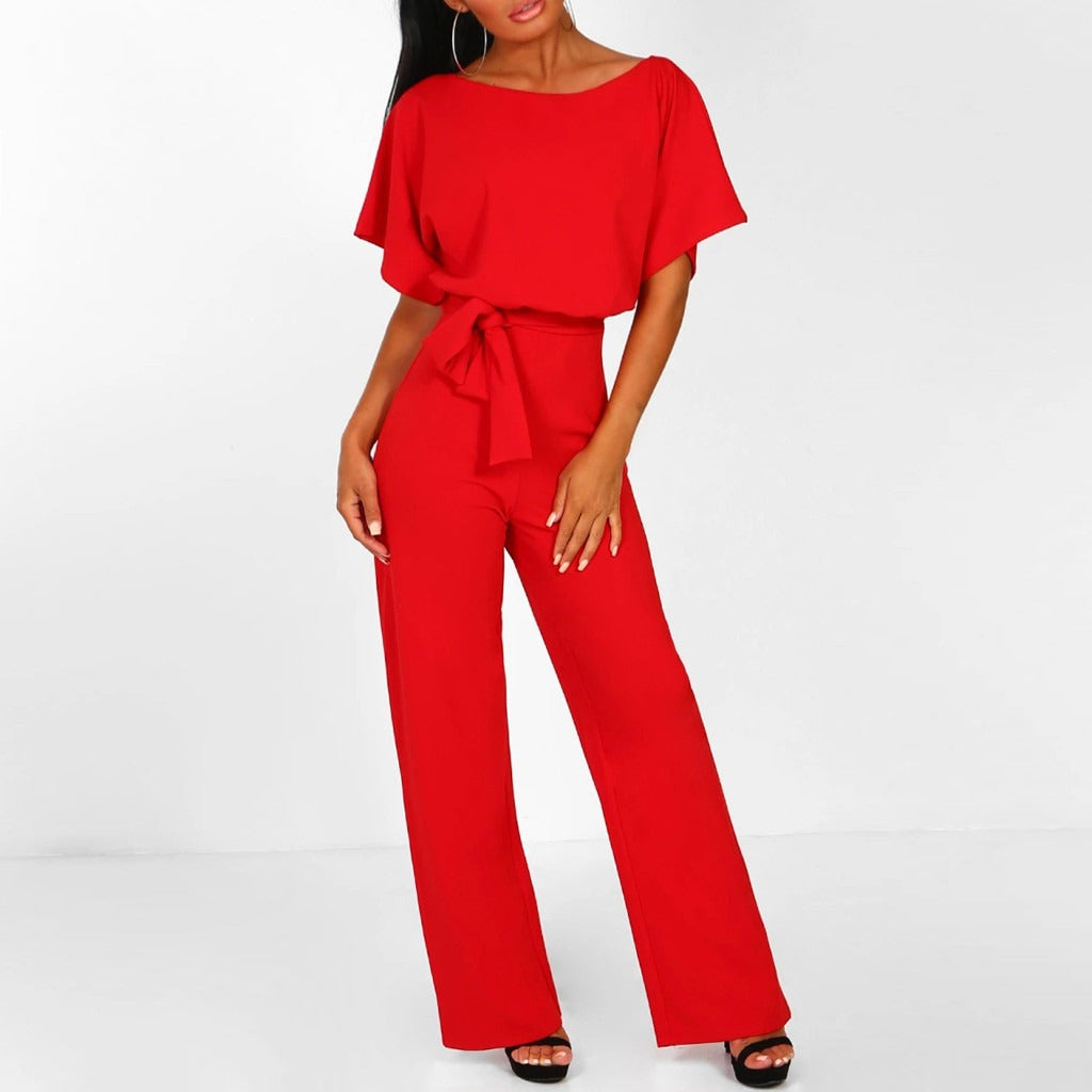 Damen Jumpsuit mit Bindegürtel - Weites Bein mit Flügelärmeln