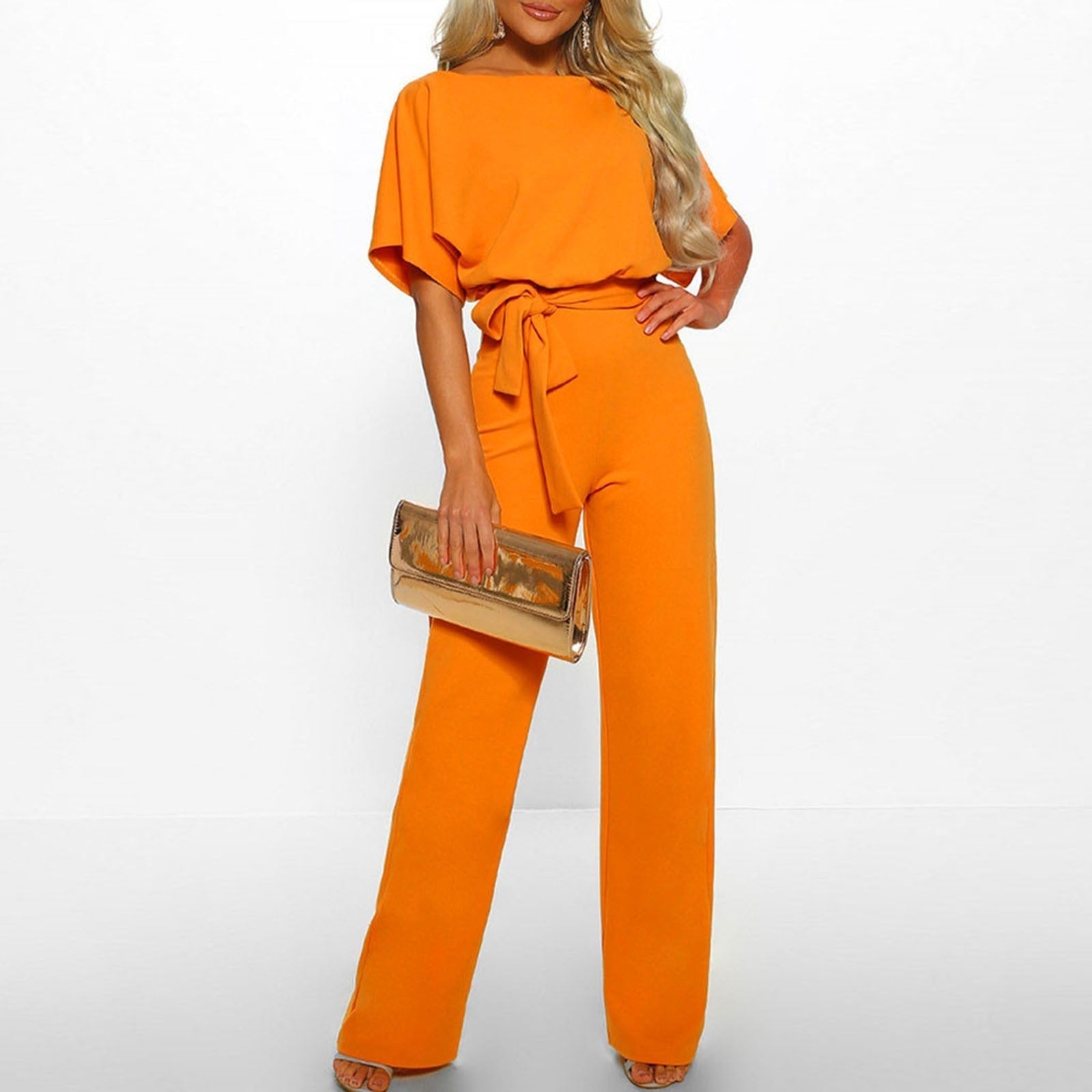 Damen Jumpsuit mit Bindegürtel - Weites Bein mit Flügelärmeln