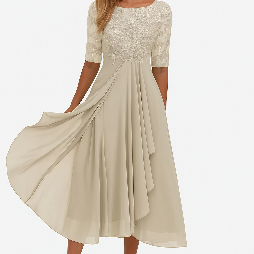Damen A-Linien Midikleid Elegante Stickerei und Fließende Silhouette