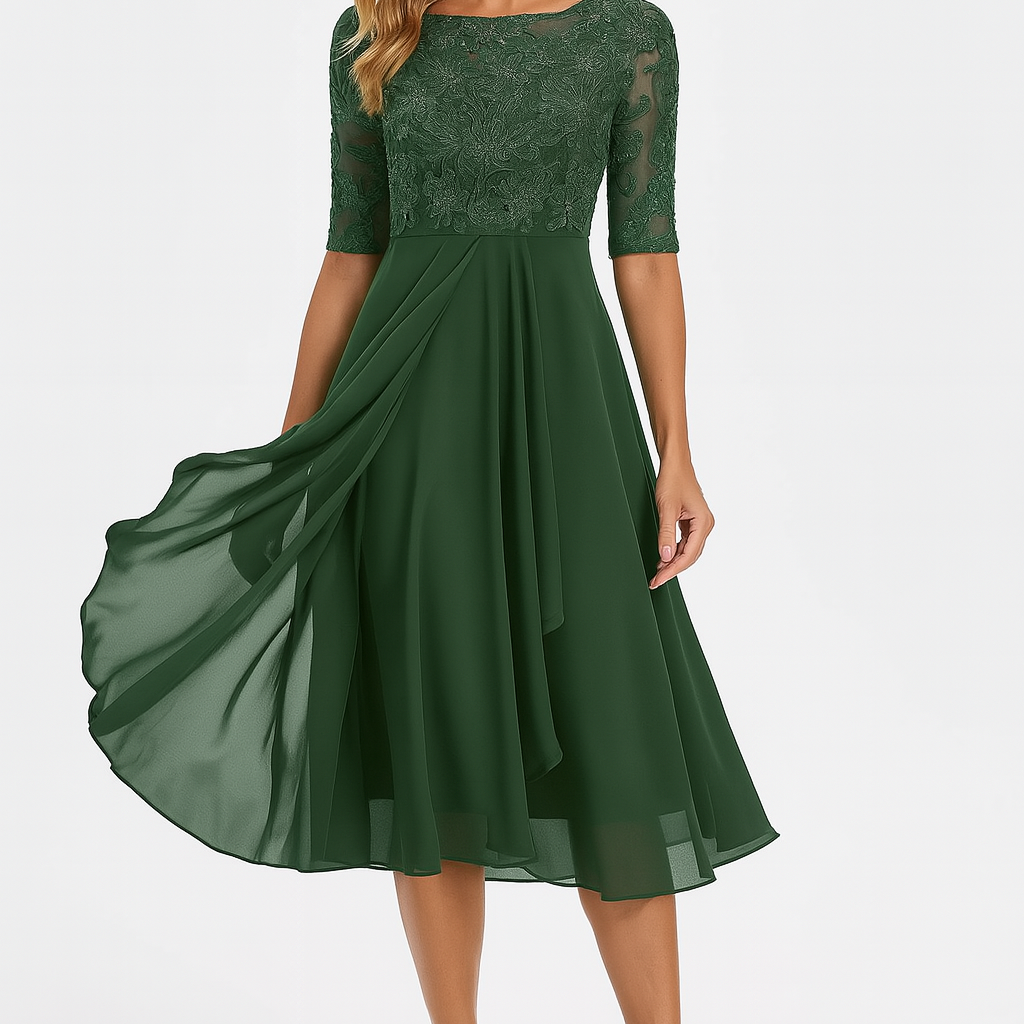 Damen A-Linien Midikleid Elegante Stickerei und Fließende Silhouette