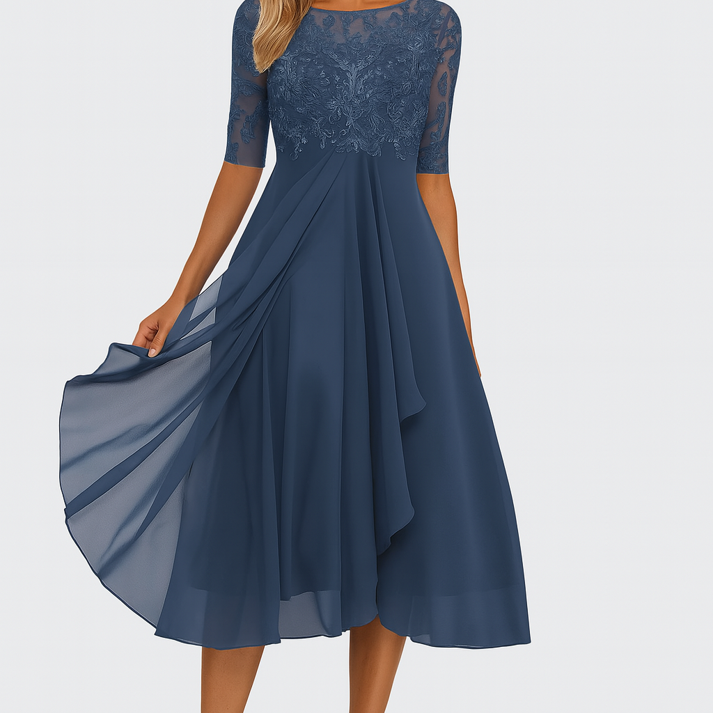 Damen A-Linien Midikleid Elegante Stickerei und Fließende Silhouette