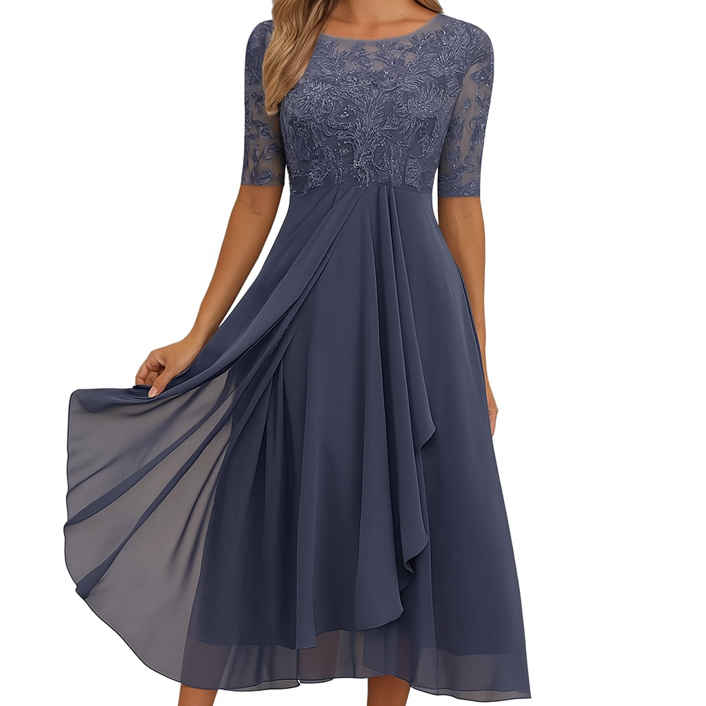 Damen A-Linien Midikleid Elegante Stickerei und Fließende Silhouette