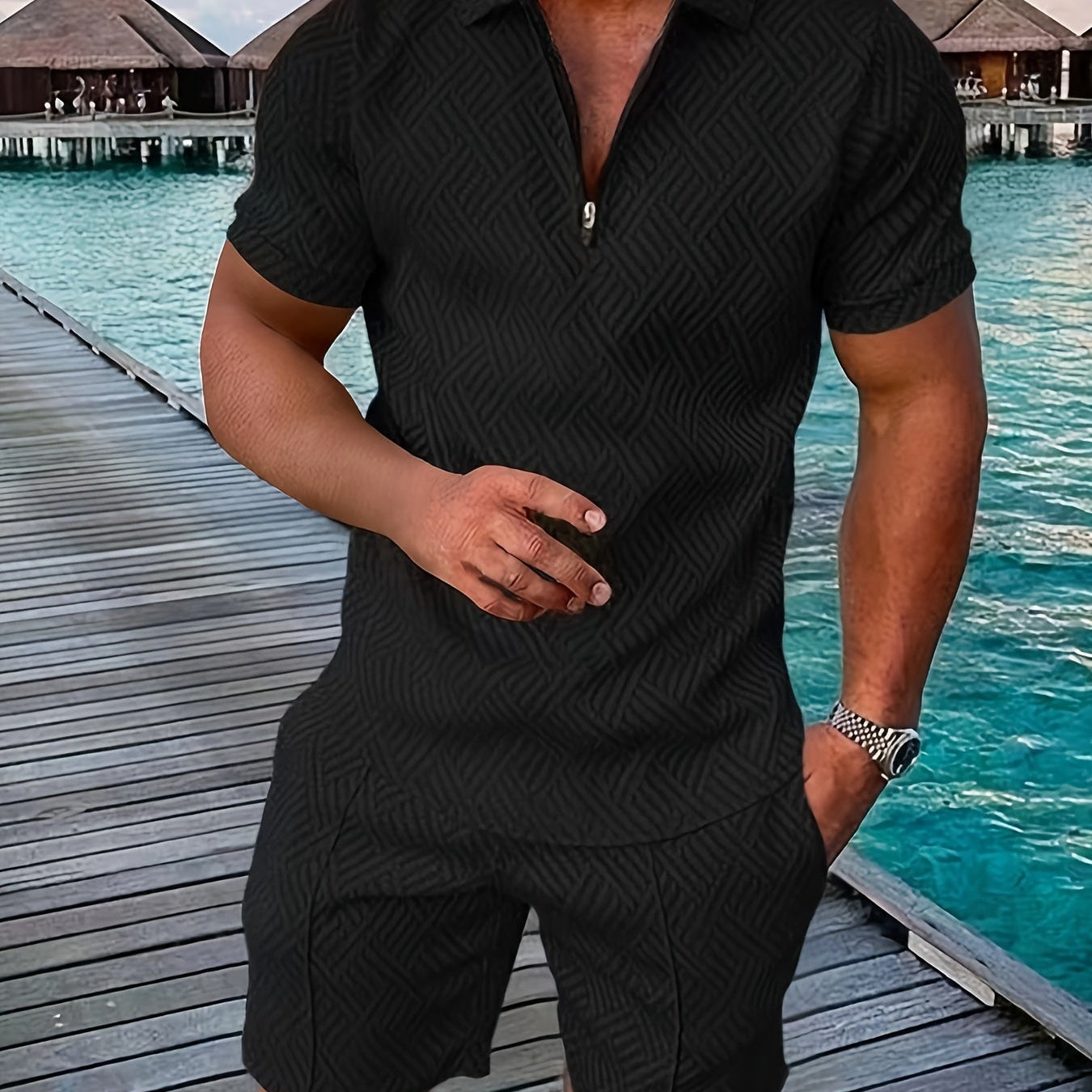 Herren Zweiteiler Set Quarter Zip Shorts Sommer Freizeit