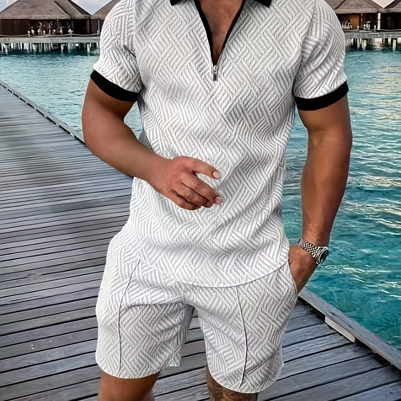Herren Zweiteiler Set Quarter Zip Shorts Sommer Freizeit