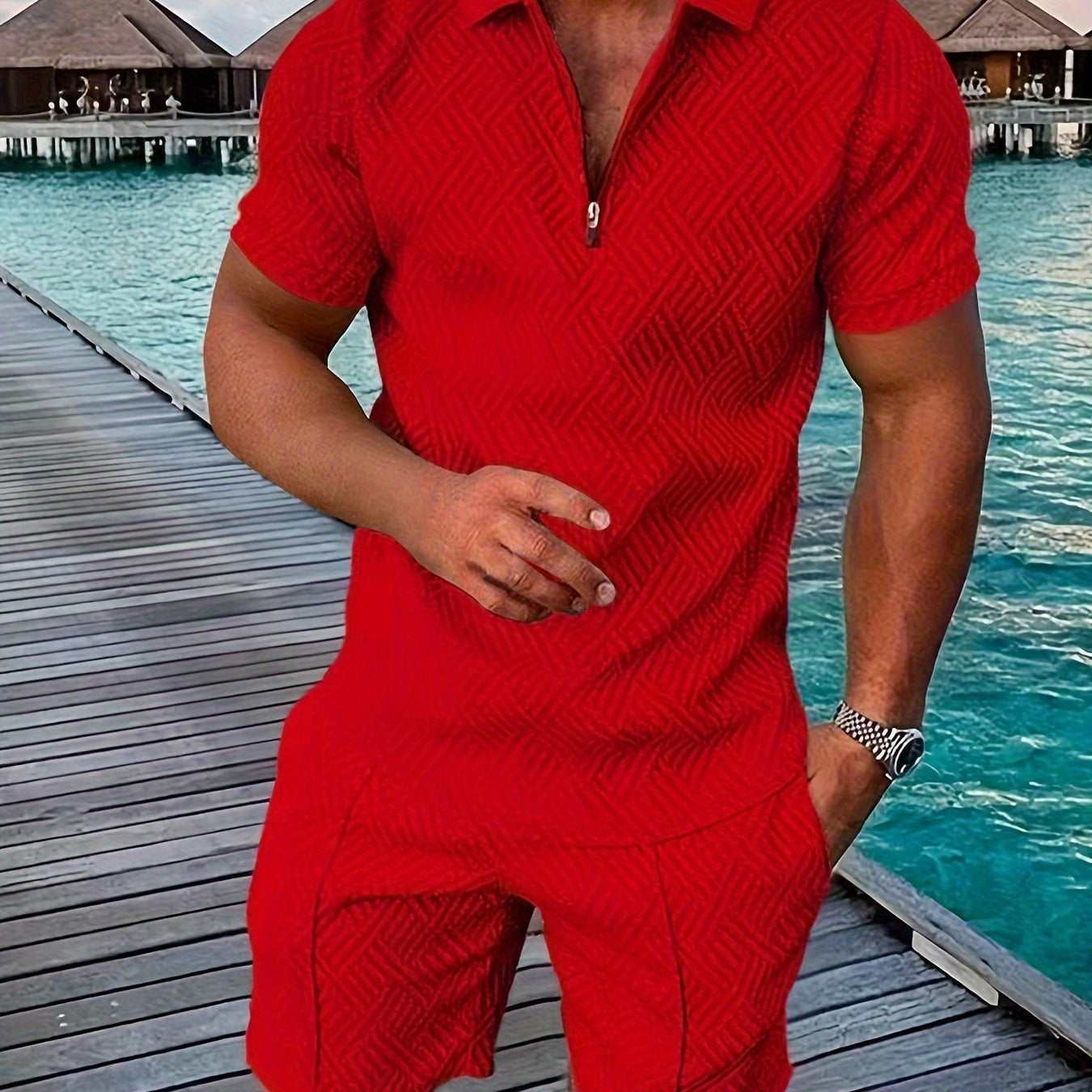 Herren Zweiteiler Set Quarter Zip Shorts Sommer Freizeit