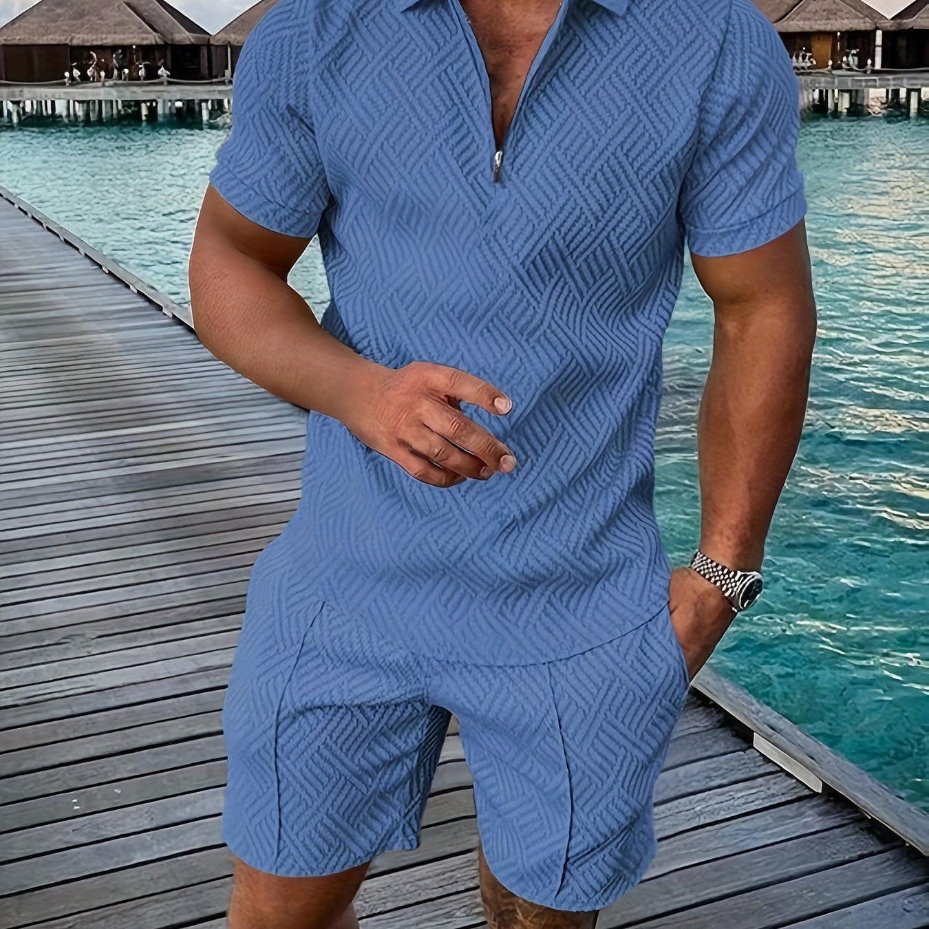 Herren Zweiteiler Set Quarter Zip Shorts Sommer Freizeit