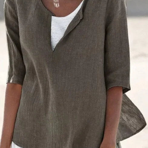 Damen Leinenbluse - Relaxed Fit & Geschlitzter V-Ausschnitt