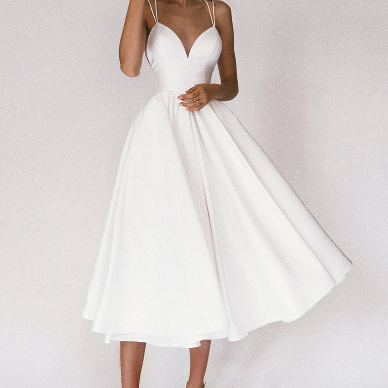 Damen A-Linien Midi Hochzeitsgastkleid Tiefer V-Ausschnitt und Ausgestellter Rock