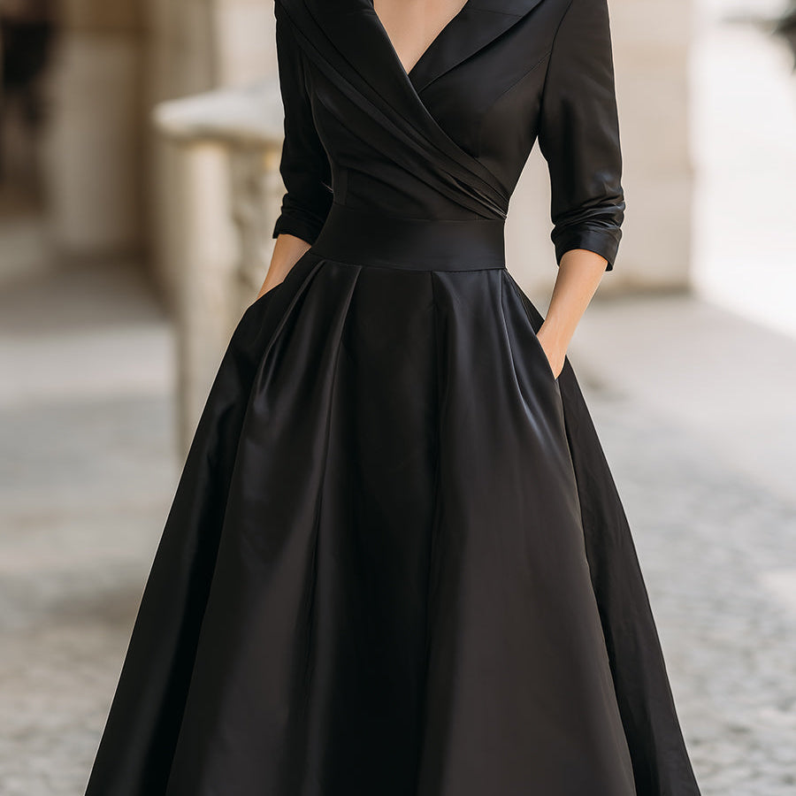 Damen A-Linien Midi Kleid - Plissierter Rock mit Taschen