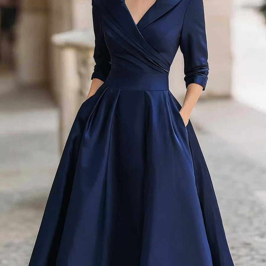 Damen A-Linien Midi Kleid - Plissierter Rock mit Taschen