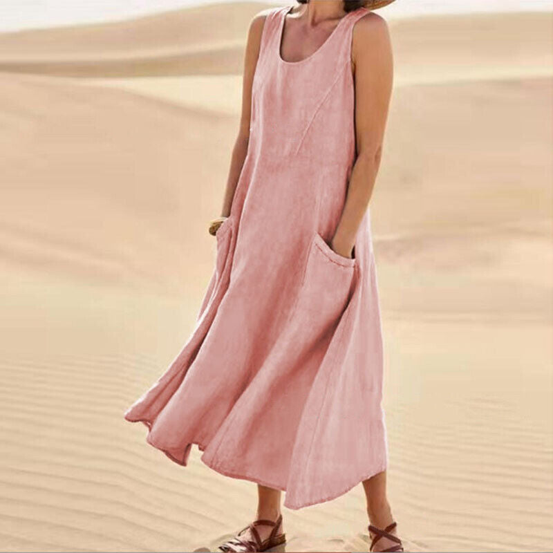 Damen Leinen Midi-Kleid - Ärmellos mit Taschen