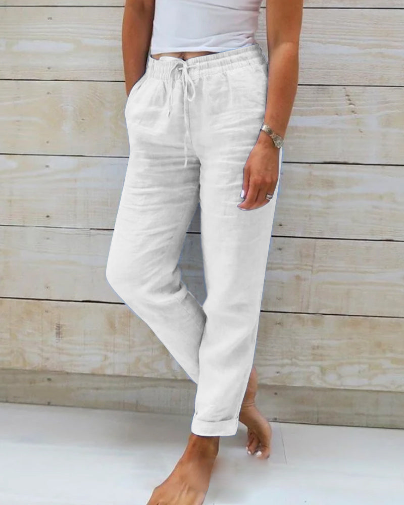 Damen-Leinenhose - Elastischer Bund mit Taschen