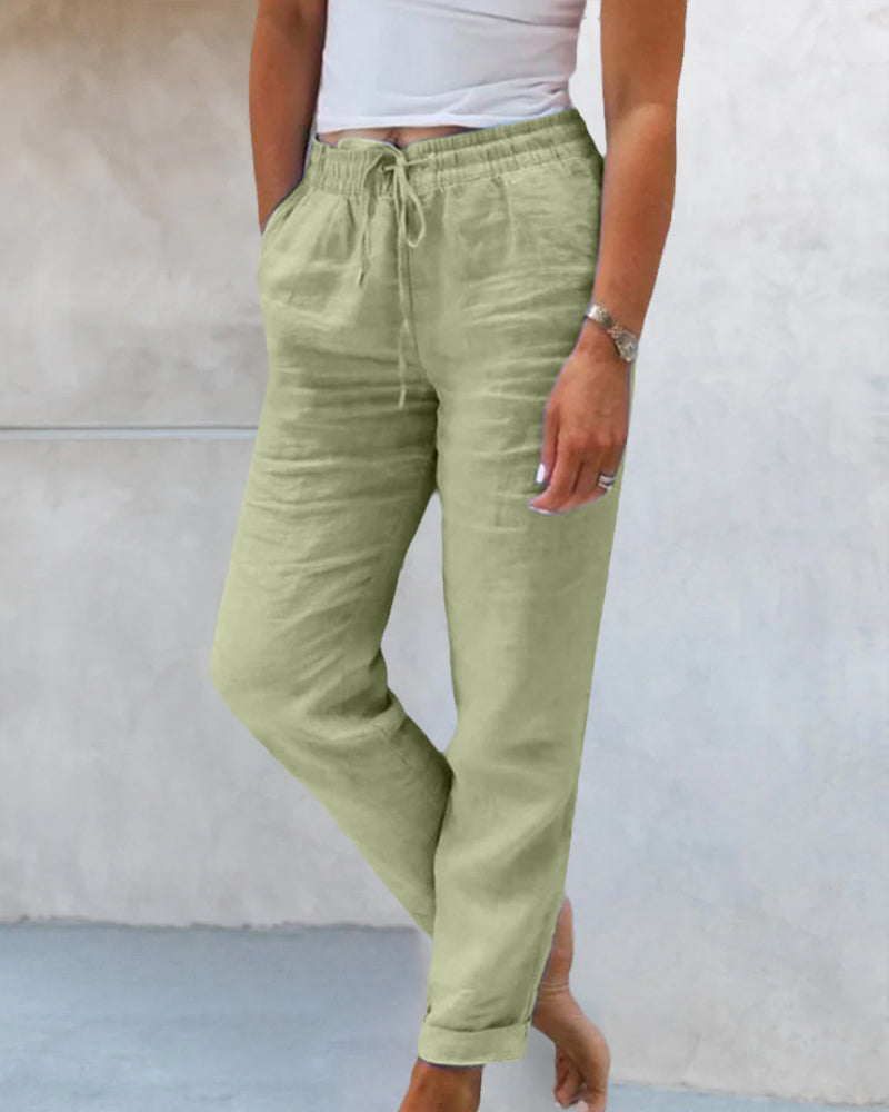 Damen-Leinenhose - Elastischer Bund mit Taschen