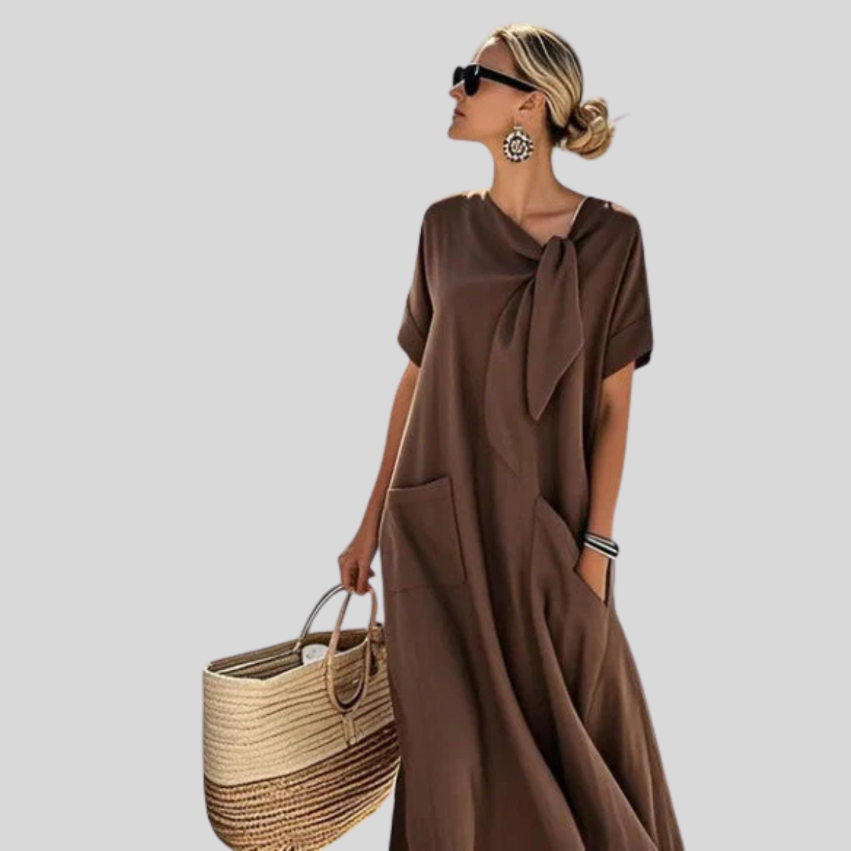 Damen Leinen Midikleid Knotendetail und Aufgesetzte Taschen