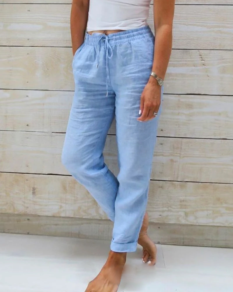 Damen-Leinenhose - Elastischer Bund mit Taschen
