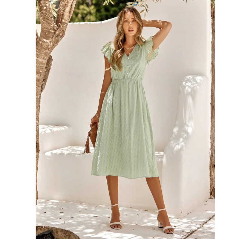 Damen-Midikleid - Hohe Taille mit Flatterärmeln