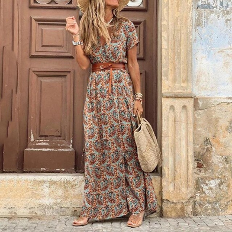 Damen Gemustertes Maxikleid V-Ausschnitt Taillengürtel Boho
