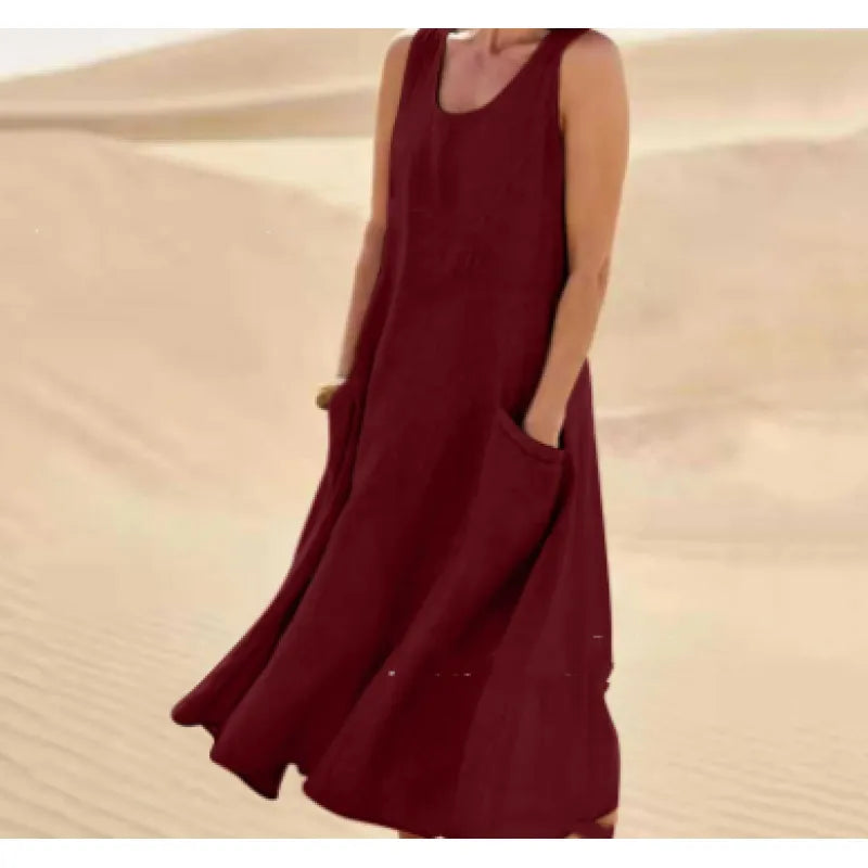 Damen Leinen Midi-Kleid - Ärmellos mit Taschen