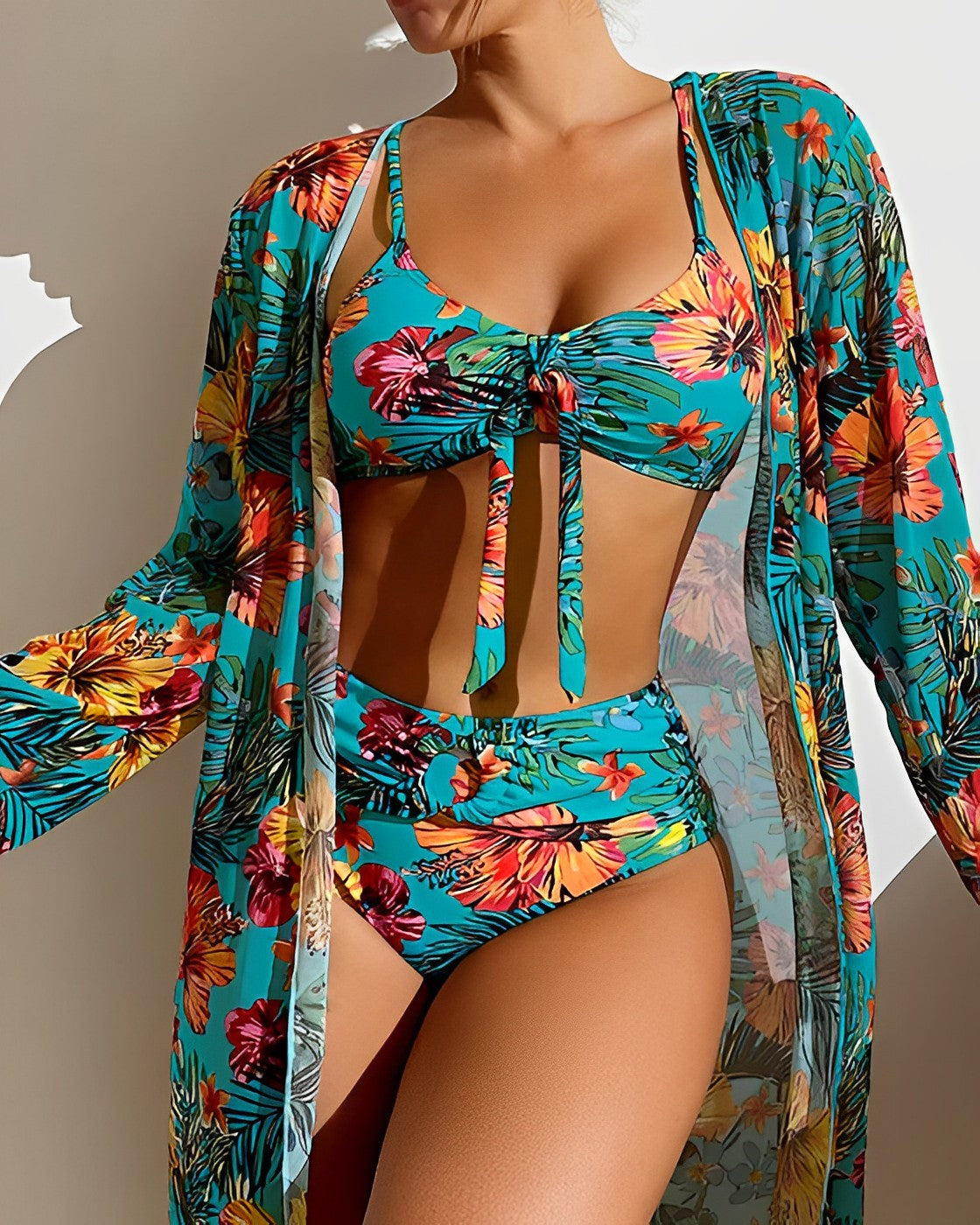 Damen 3-Teiliges Bikini Set Blumen Kimono Strand Sommer