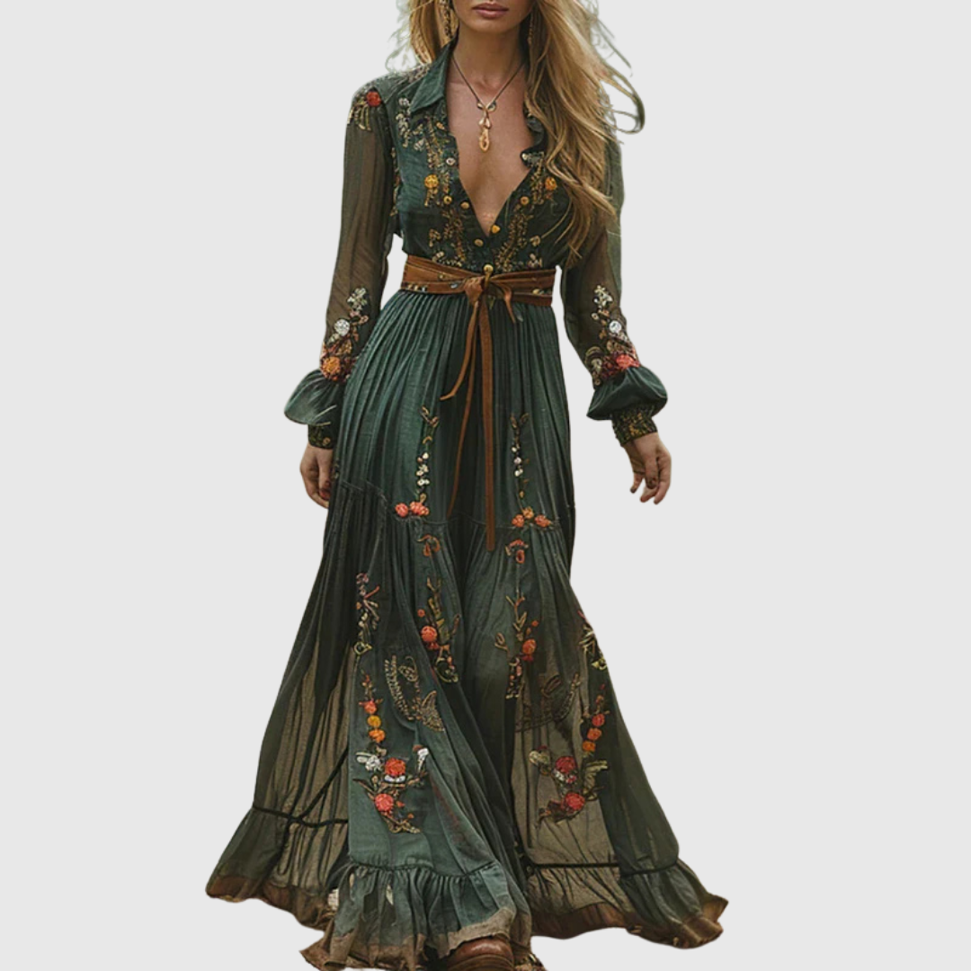 Damen Boho Maxikleid Lange Ärmel und Blumenstickerei