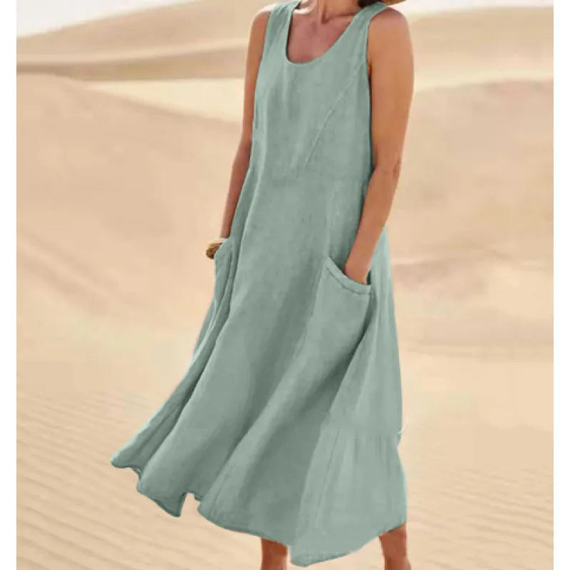 Damen Leinen Midi-Kleid - Ärmellos mit Taschen