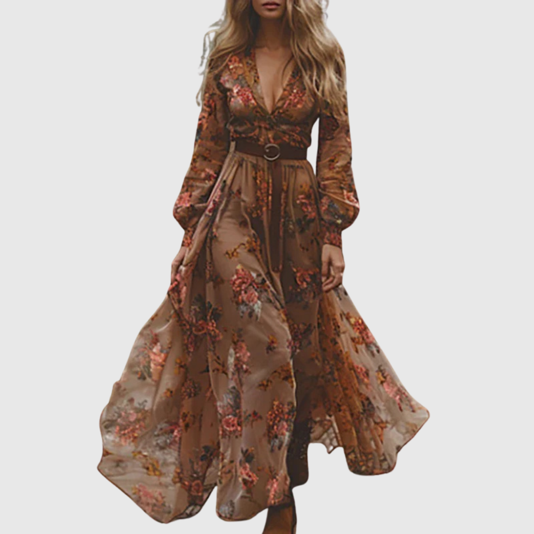 Damen Boho Maxikleid Lange Ärmel und Blumenstickerei