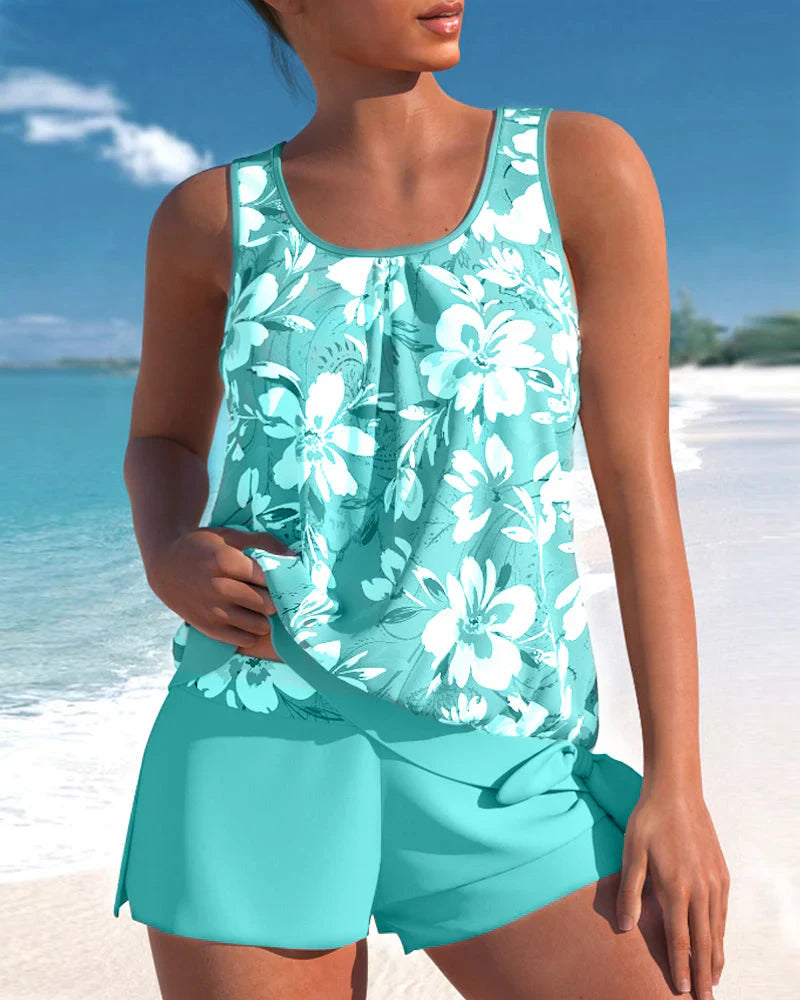 Damen-Tankini-Set - Geblümtes Oberteil mit passenden Shorts