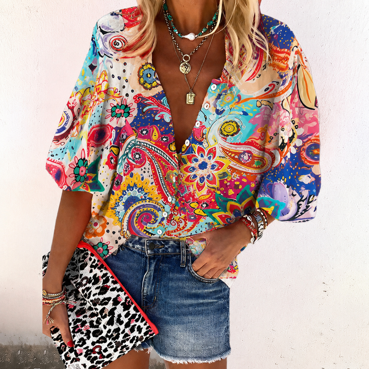 Damen Boho Print Bluse V-Ausschnitt und Knopfleiste