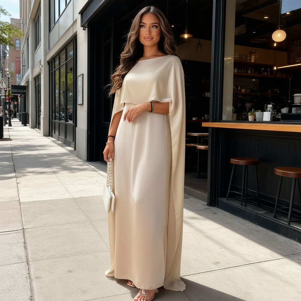 Damen Maxikleid mit Cape-Overlay - Drapiert & im Seidigen-Stil